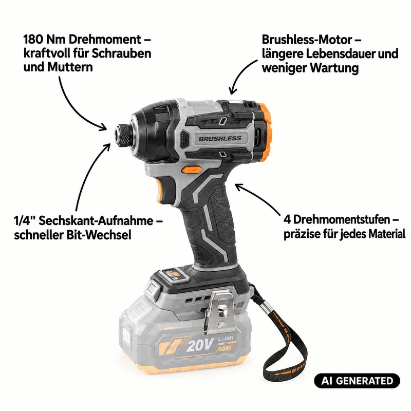 Procraft Industrial ID20Abb Akku Schlagschrauber 20 V 180 Nm 1/4" + 1x Akku 2,0 Ah + Ladegerät