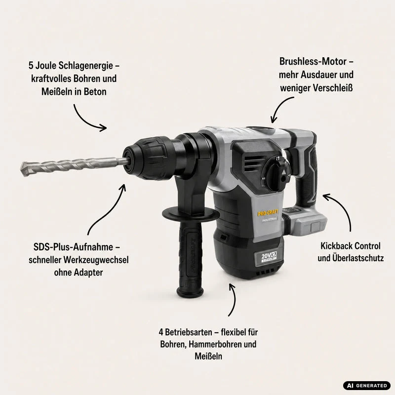 Procraft Industrial HD20B-BB Akku Kombihammer 20 V 5 J SDS plus Brushless + 2x Akku 4,0 Ah + Ladegerät + RHINO Toolcase
