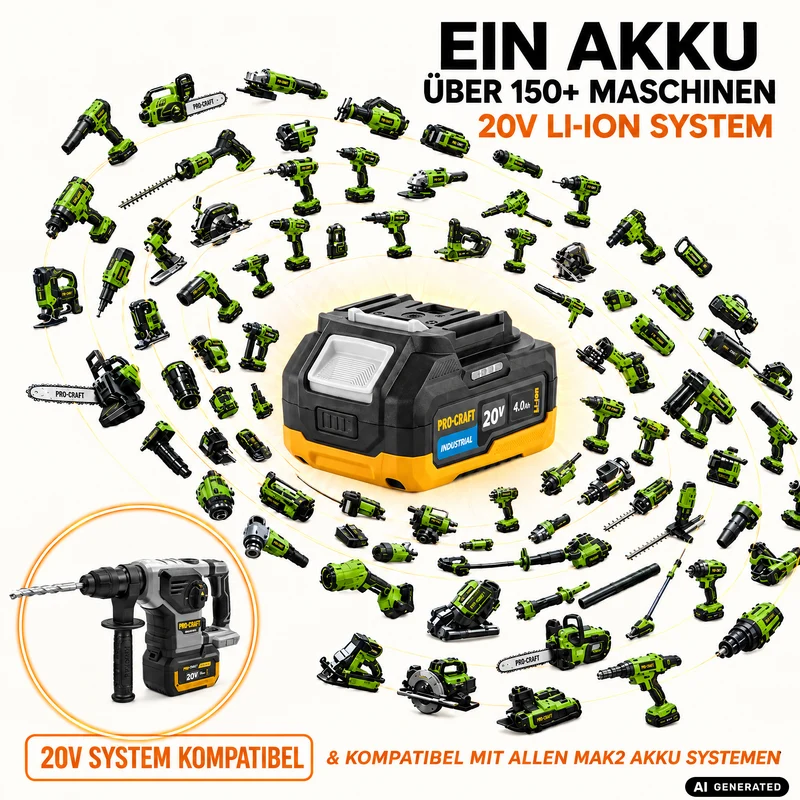 Procraft Industrial HD20B-BB Akku Kombihammer 20 V 5 J SDS plus Brushless + 2x Akku 4,0 Ah + Ladegerät + RHINO Toolcase