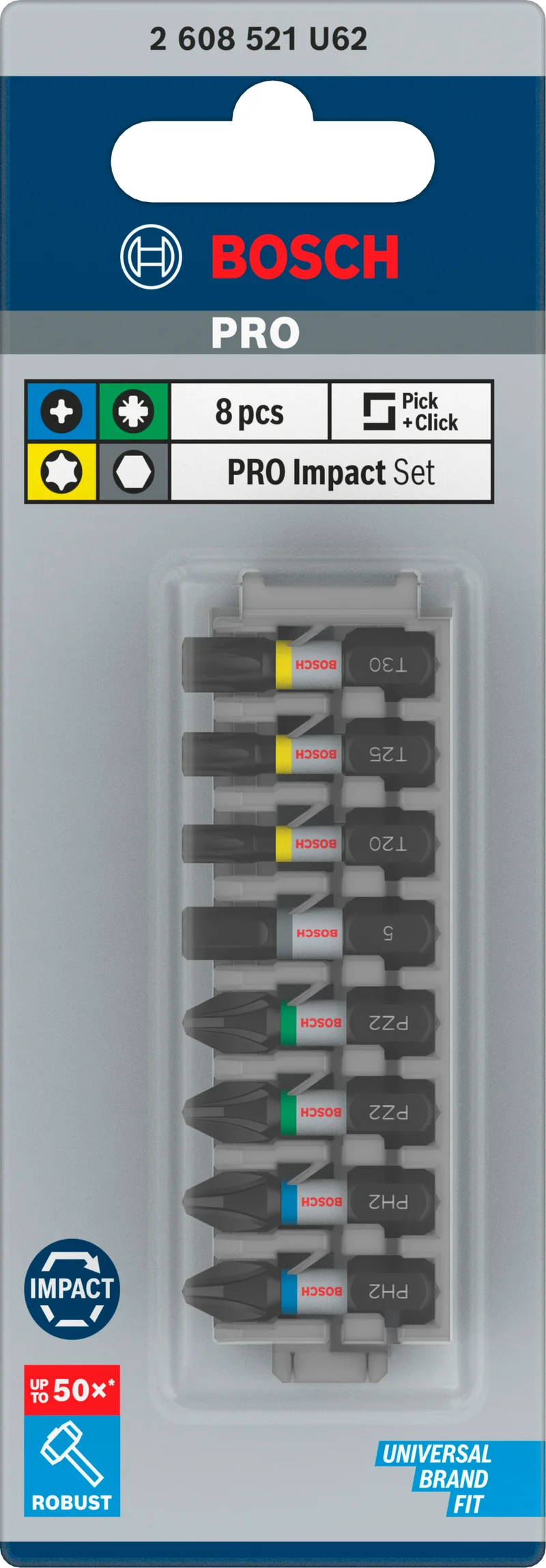 Bosch PRO Impact Bit Set (8-tlg.: 2x PH2, 2x PZ2, H5, T20, T25, T30 - Länge: 25 mm - ideal für Schlagschrauber)