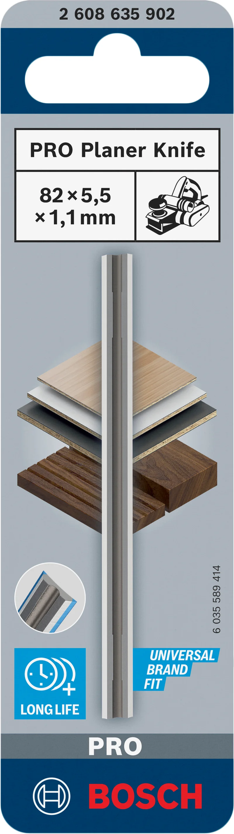 Bosch PRO Hobelmesser 82 mm (1er-Pack, zum Hobeln von Holz, Carbide-Schnittkante, Wendemesser, 82 × 5,5 × 1,1 mm)