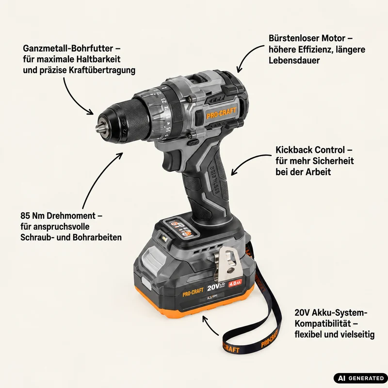 Procraft Industrial CD20Abb Akku Schlagbohrschrauber 20 V 85 Nm + 1x Akku 4,0 Ah + Ladegerät