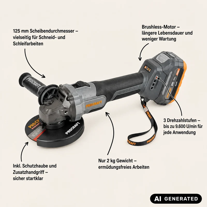 Procraft Industrial AG125Abb Akku Winkelschleifer 20 V 125 mm Brushless + 1x Akku 4,0 Ah + Ladegerät