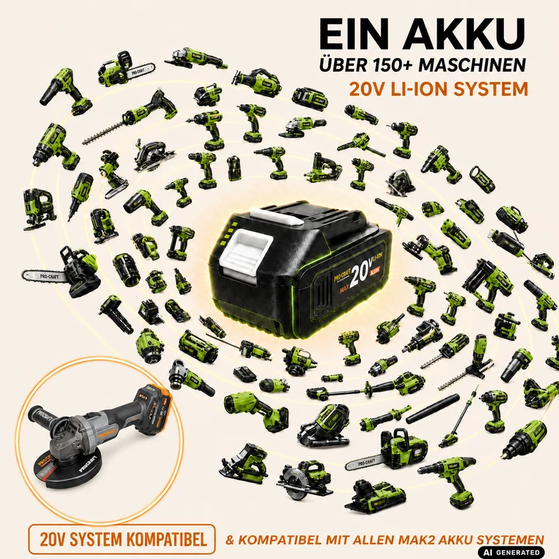 Procraft Industrial AG125Abb Akku Winkelschleifer 20 V 125 mm Brushless + 1x Akku 4,0 Ah + Ladegerät