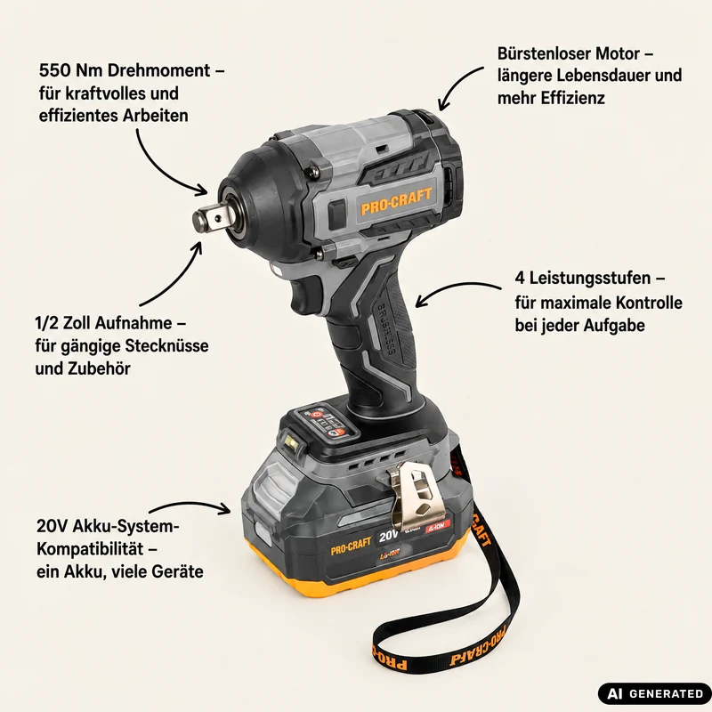 Procraft Industrial IW550Abb Akku Schlagschrauber 20 V 550 Nm 1/2" + 1x Akku 4,0 Ah + Ladegerät + RHINO Toolcase