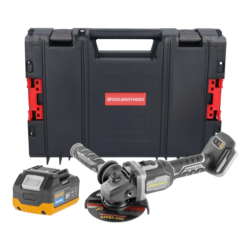 Procraft Industrial AG125Bbb Akku Winkelschleifer 20 V 125 mm Brushless + 1x Akku 4,0 Ah + RHINO Toolcase - ohne Ladegerät