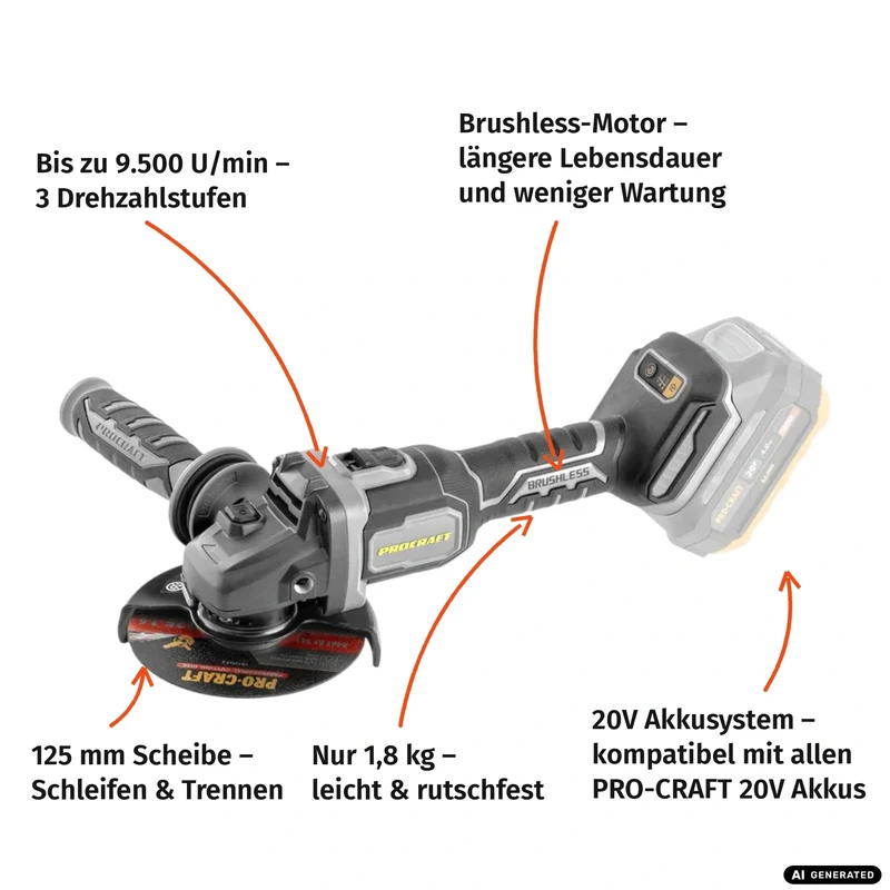 Procraft Industrial AG125Bbb Akku Winkelschleifer 20 V 125 mm Brushless + 2x Akku 2,0 Ah + Ladegerät + RHINO Toolcase