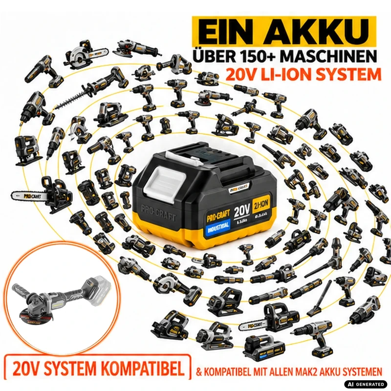 Procraft Industrial AG125Bbb Akku Winkelschleifer 20 V 125 mm Brushless + 2x Akku 2,0 Ah + Ladegerät + RHINO Toolcase