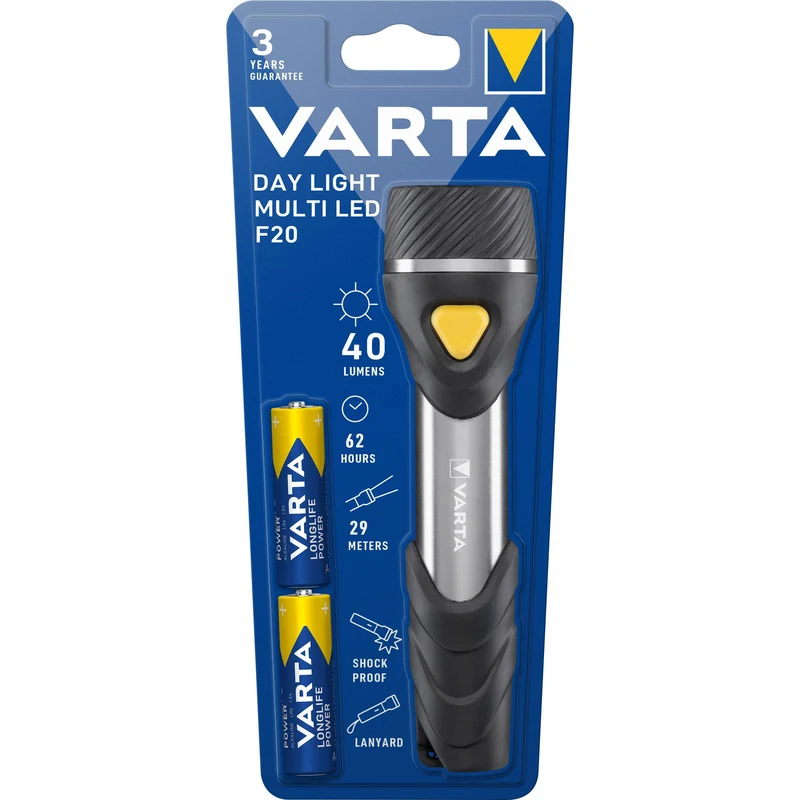VARTA LED Taschenlampe Day Light, Multi LED F20, 40lm inkl. 2x Batterie Alkaline AA, Retail Blister