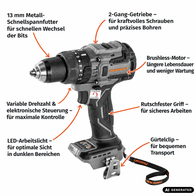 Procraft Industrial CD20B-BB Akku Schlagbohrschrauber 20 V 150 Nm Brushless + 1x Akku 2,0 Ah + Ladegerät