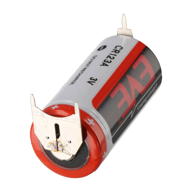 AccuCell CR123A Batterie mit 3er Printanschluss 2er Print + 1er Print - Kontakten, Spannung 3 Volt Rastermaß 7mm