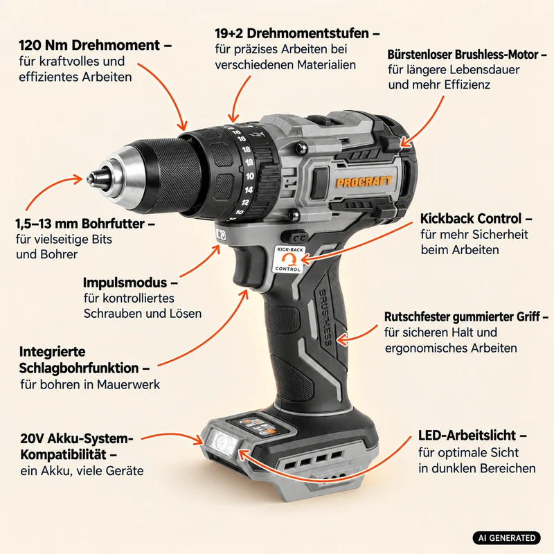 ProCraft Industrial CD20C-BB Akku Schlagbohrschrauber 20 V 120 Nm Brushless + 2x Akku 2,0 Ah + Ladegerät
