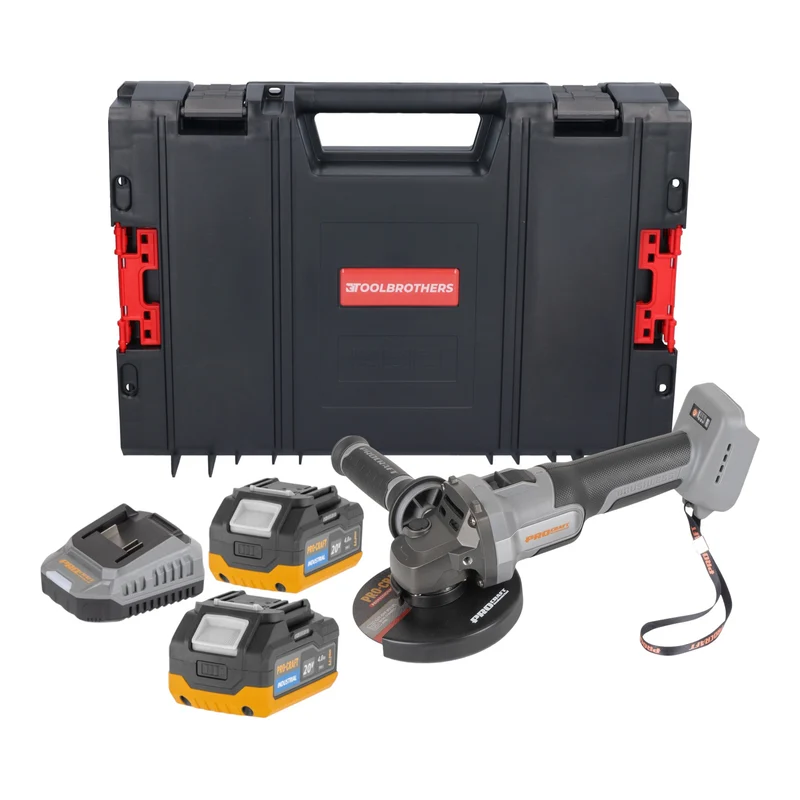 Procraft Industrial AG125Abb Akku Winkelschleifer 20 V 125 mm Brushless + 2x Akku 4,0 Ah + Ladegerät + RHINO Toolcase