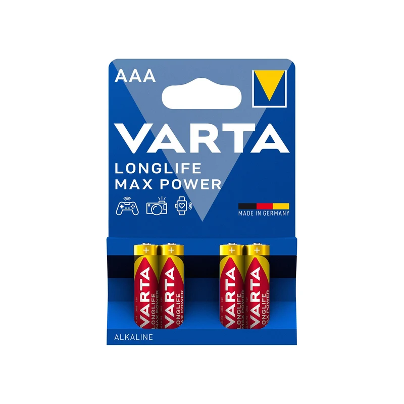 VARTA Batterie Alkaline Micro AAA LR03, 1.5V Longlife Max Power, Retail Blister (4-Pack)