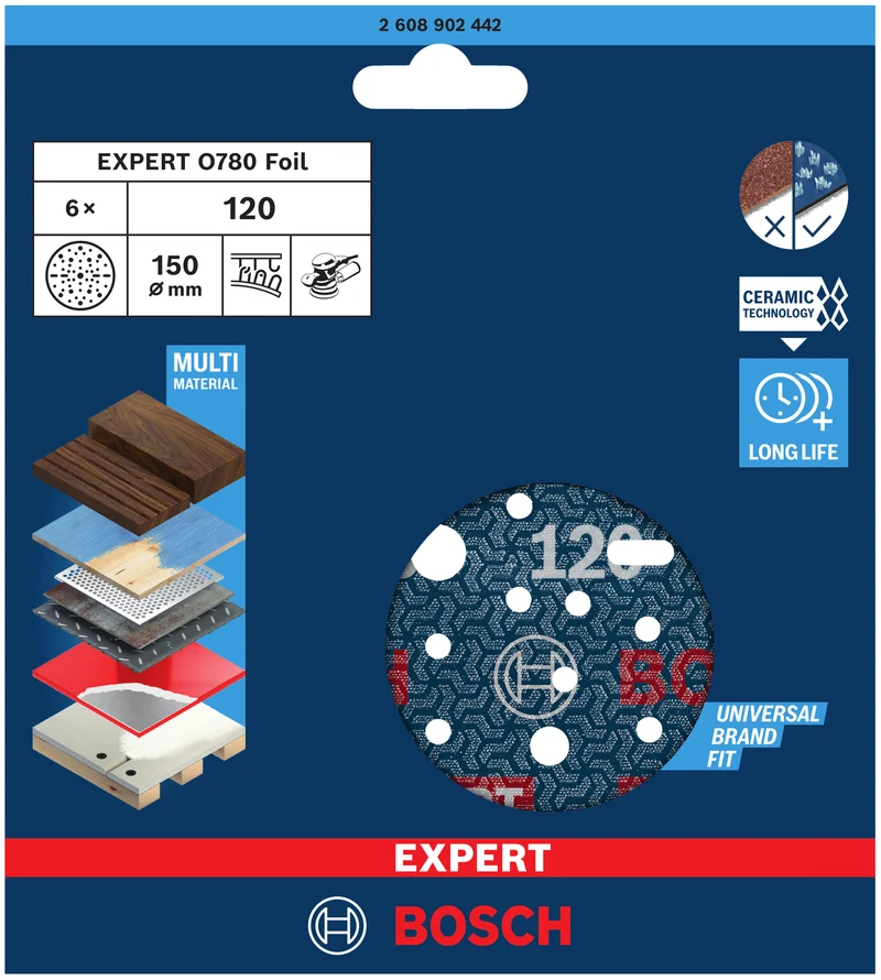 Bosch EXPERT O780 Folienschleifscheibe Ø 150 mm (6er-Pack, für das effiziente Schleifen verschiedenster Materialien)