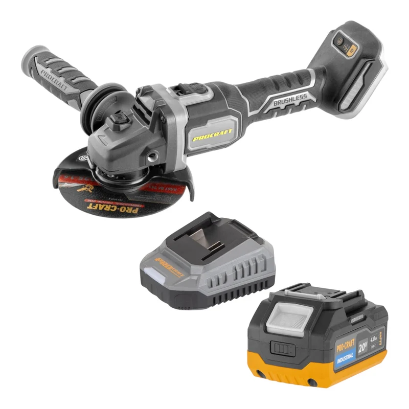 Procraft Industrial AG125Bbb Akku Winkelschleifer 20 V 125 mm Brushless + 1x Akku 4,0 Ah + Ladegerät