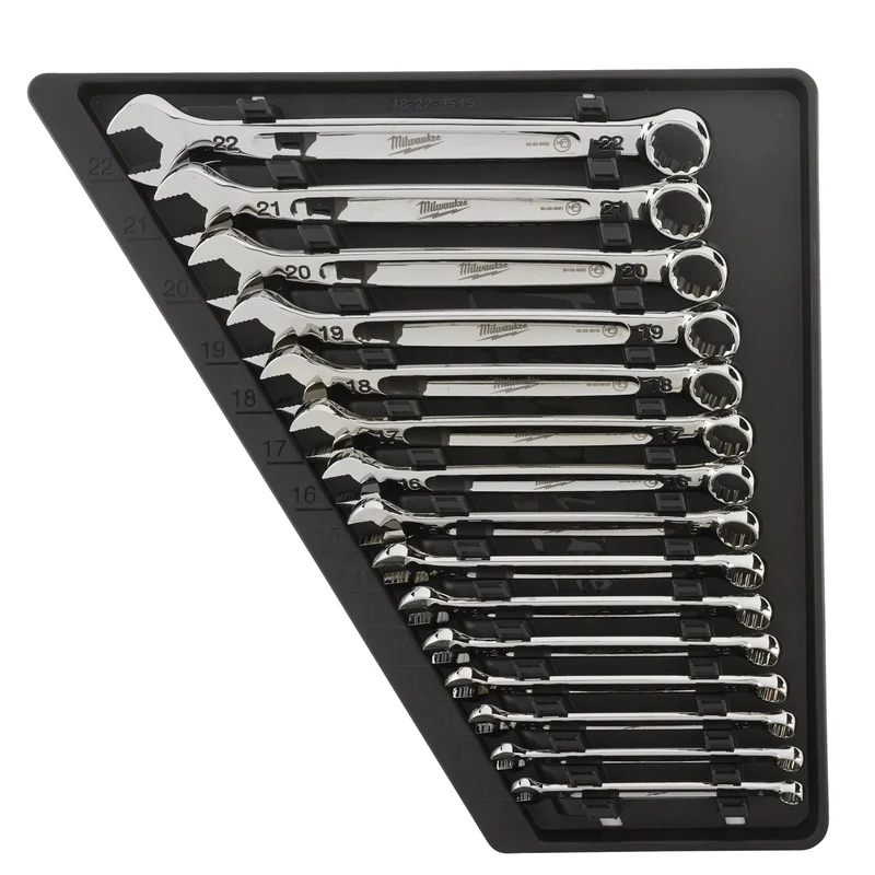 Milwaukee MAX BITE Ring-Maulschlüssel Set 15-tlg. (Spannweite: 8 - 22 mm, Maulöffnung für verringertes Abrutschen & Durchdrehen, 15° gekröpft)