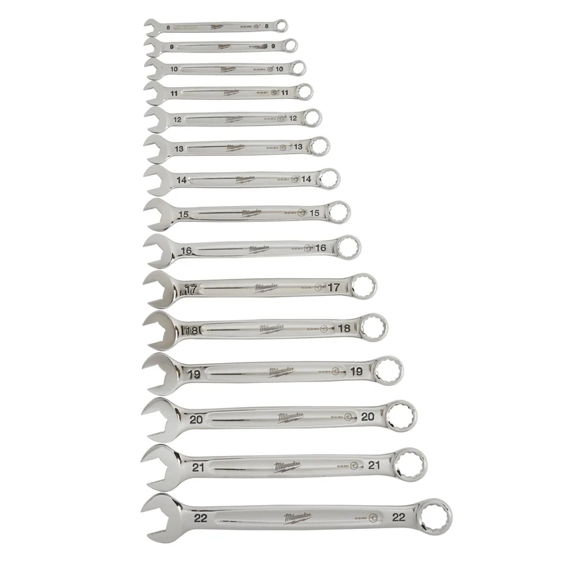 Milwaukee MAX BITE Ring-Maulschlüssel Set 15-tlg. (Spannweite: 8 - 22 mm, Maulöffnung für verringertes Abrutschen & Durchdrehen, 15° gekröpft)