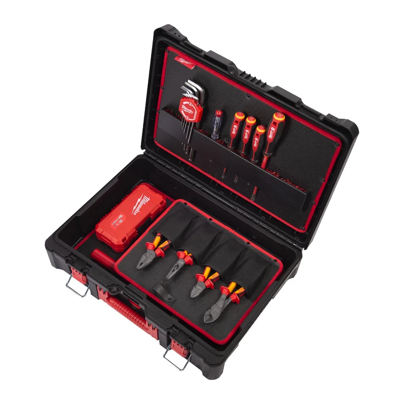 Milwaukee PACKOUT Elektriker Handwerkzeug-Koffer 62-tlg. (inkl. VDE-Zangen, Tri-Lobe Schraubendreher, 1/4" Ratschen- & Steckschlüsselsatz, Automatische Abisolierzange)