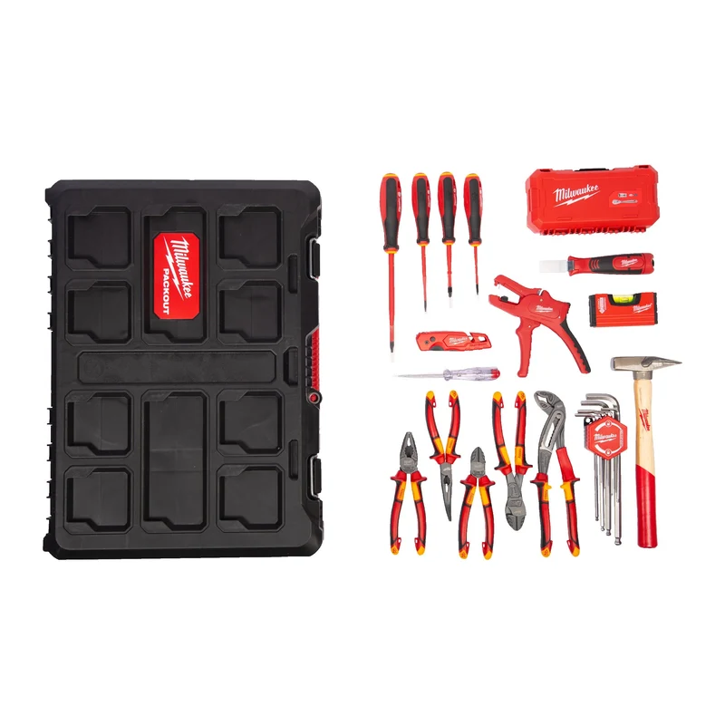 Milwaukee PACKOUT Elektriker Handwerkzeug-Koffer 62-tlg. (inkl. VDE-Zangen, Tri-Lobe Schraubendreher, 1/4" Ratschen- & Steckschlüsselsatz, Automatische Abisolierzange)