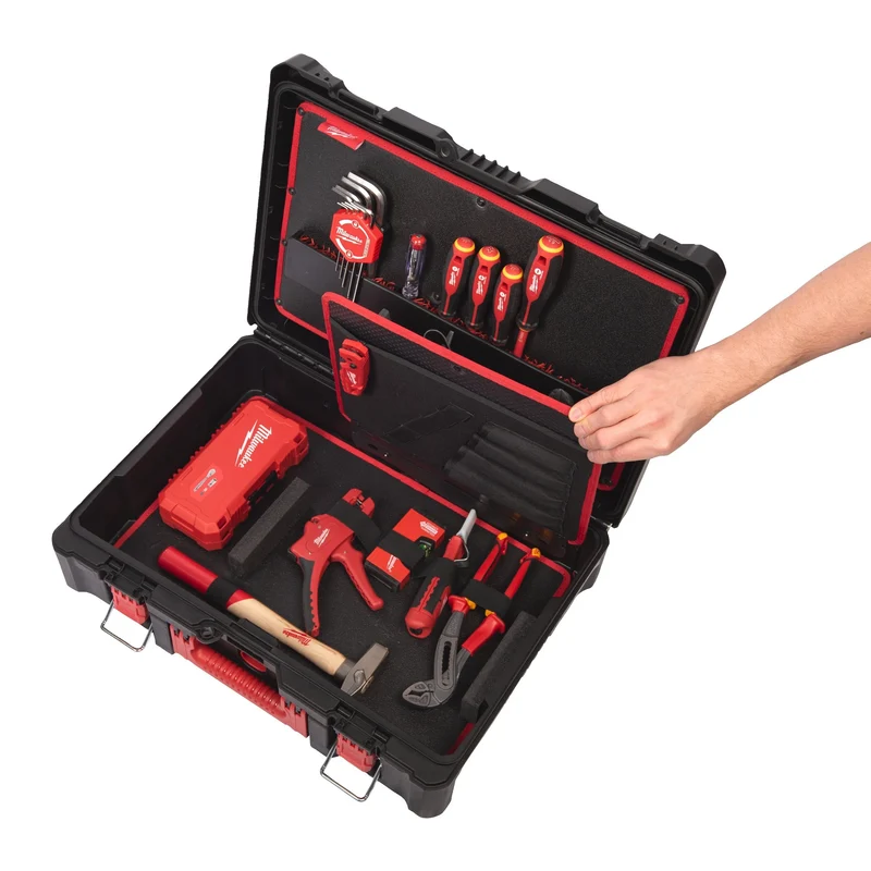 Milwaukee PACKOUT Elektriker Handwerkzeug-Koffer 62-tlg. (inkl. VDE-Zangen, Tri-Lobe Schraubendreher, 1/4" Ratschen- & Steckschlüsselsatz, Automatische Abisolierzange)