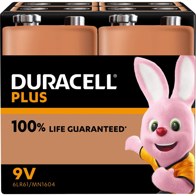 DURACELL Batterie Alkaline E-Block 6LR61, 9V Plus, Extra Life, Retail Blister (4-Pack)
