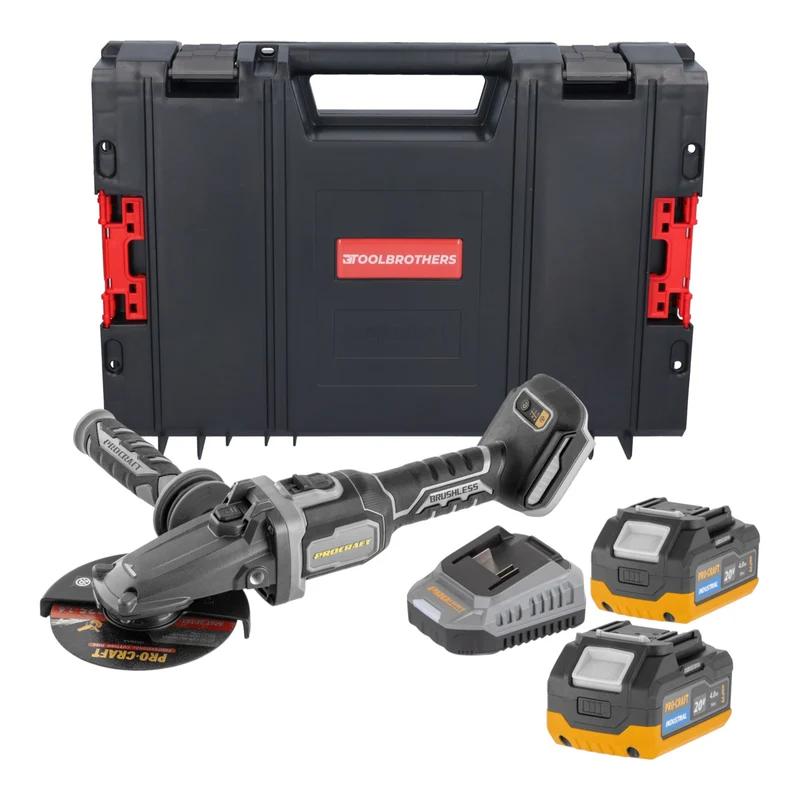 Procraft Industrial AG125Cbb Akku Flachkopf Winkelschleifer 20 V 125 mm Brushless + 2x Akku 4,0 Ah + Ladegerät + RHINO Toolcase