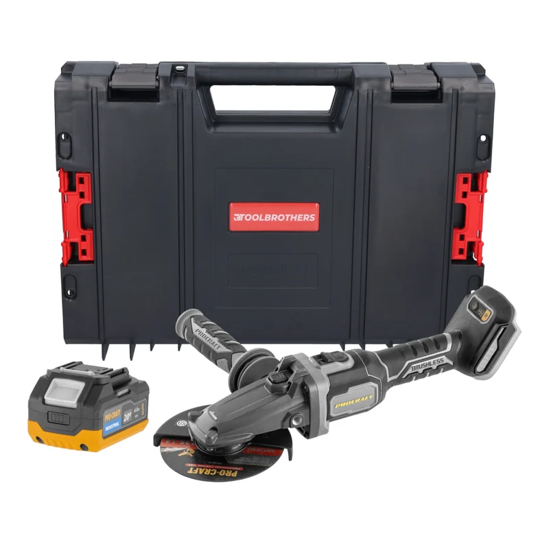 Procraft Industrial AG125Cbb Akku Flachkopf Winkelschleifer 20 V 125 mm Brushless + 1x Akku 4,0 Ah + RHINO Toolcase - ohne Ladegerät
