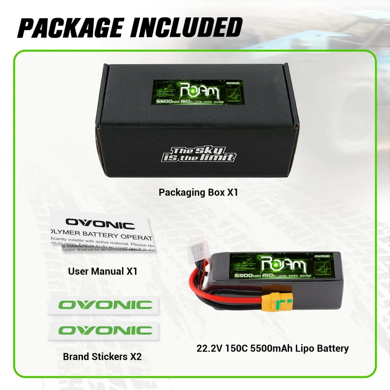 OVONIC Roam Serie 22,2V 5500mAh 150C 6S LiPo-Akku mit XT90-S Anti-Spark-Anschluss (2 St.)