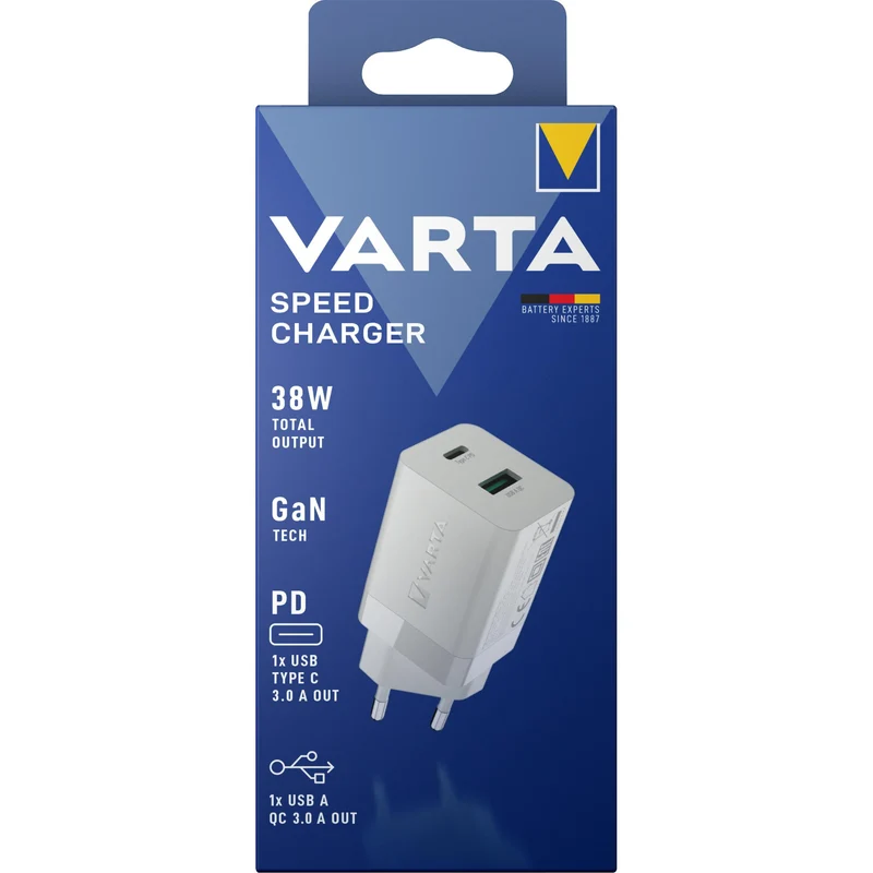 VARTA Ladeadapter Speed Charger GaN, 38W, weiß 1x USB-A QC, 1x USB-C PD, Retail
