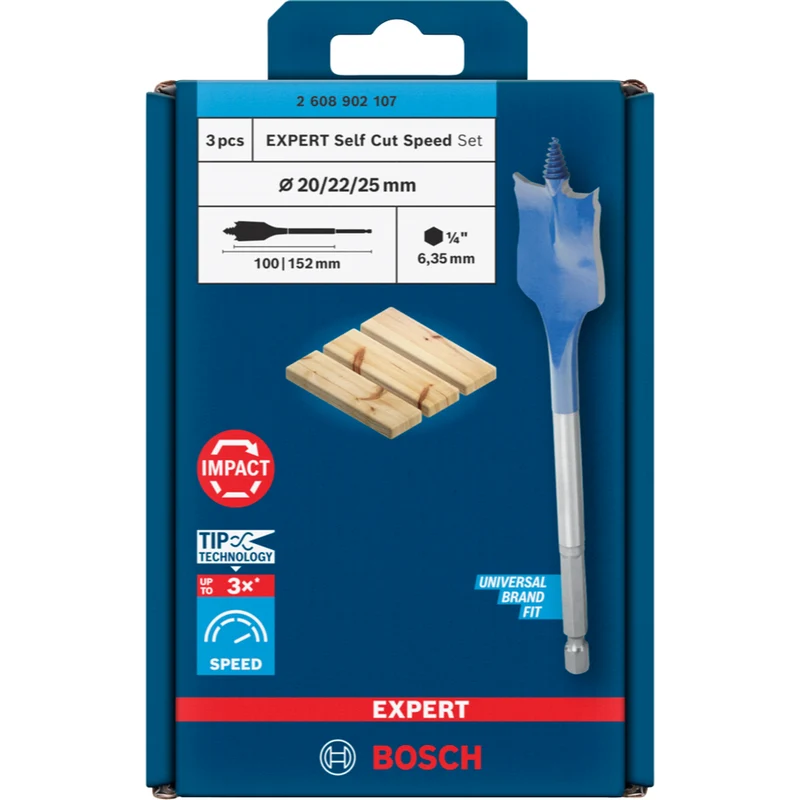 Bosch EXPERT Self Cut Speed Flachfräsbohrer-Set 3-tlg. (Ø 20/22/25 mm, für Spanplatte & Weichholz, Tip Technology)