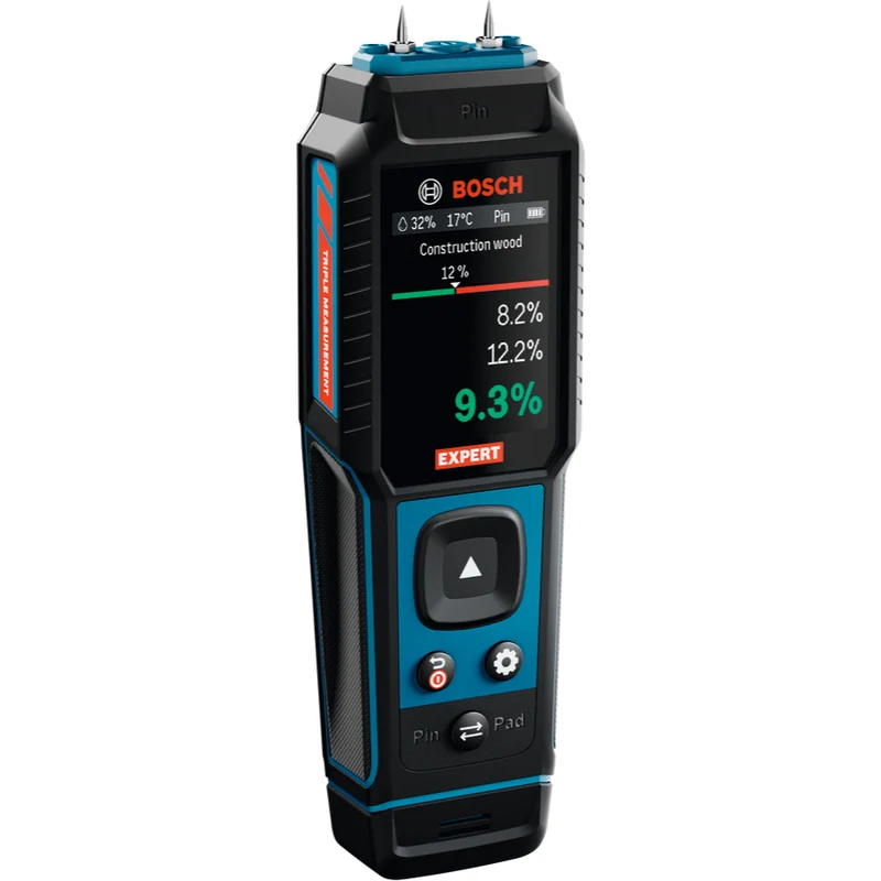Bosch EXPERT Materialfeuchtigkeitsmesser EXMM3-17 (3 Sensoren: Pin, Pad, Thermo-Hygrometer, Automatischer Selbsttest, inkl. Batterien in Tasche)