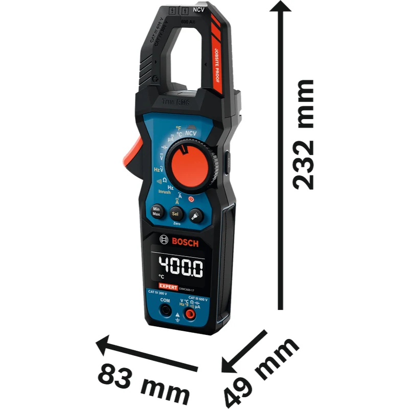 Bosch EXPERT Strommesszange EXMC600-17 (Misst AC/DC-Strom, Einschaltstrom, Frequenz, Spannung, Kapazität, inkl. Batterien in Tasche)