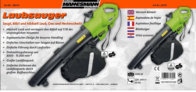 Elektr. Laubsauger-/Bläser, 3000 W,