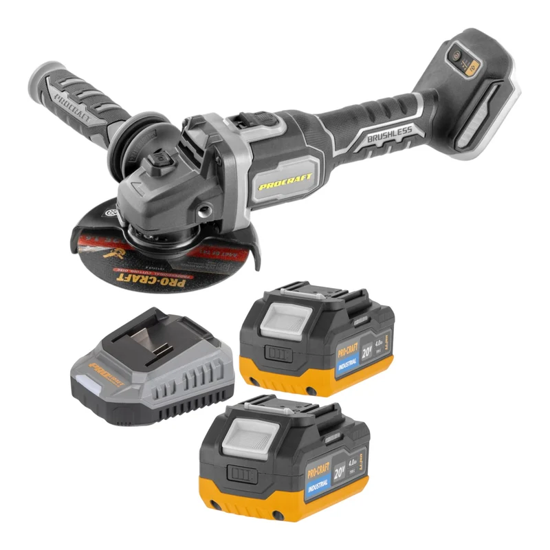 Procraft Industrial AG125Bbb Akku Winkelschleifer 20 V 125 mm Brushless + 2x Akku 4,0 Ah + Ladegerät