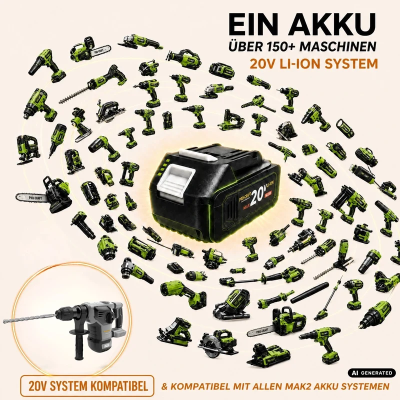 Procraft Industrial HD20B-BB-C Akku Kombihammer 20 V 5 J SDS plus Brushless + 2x Akku 2,0 Ah + Ladegerät + Koffer
