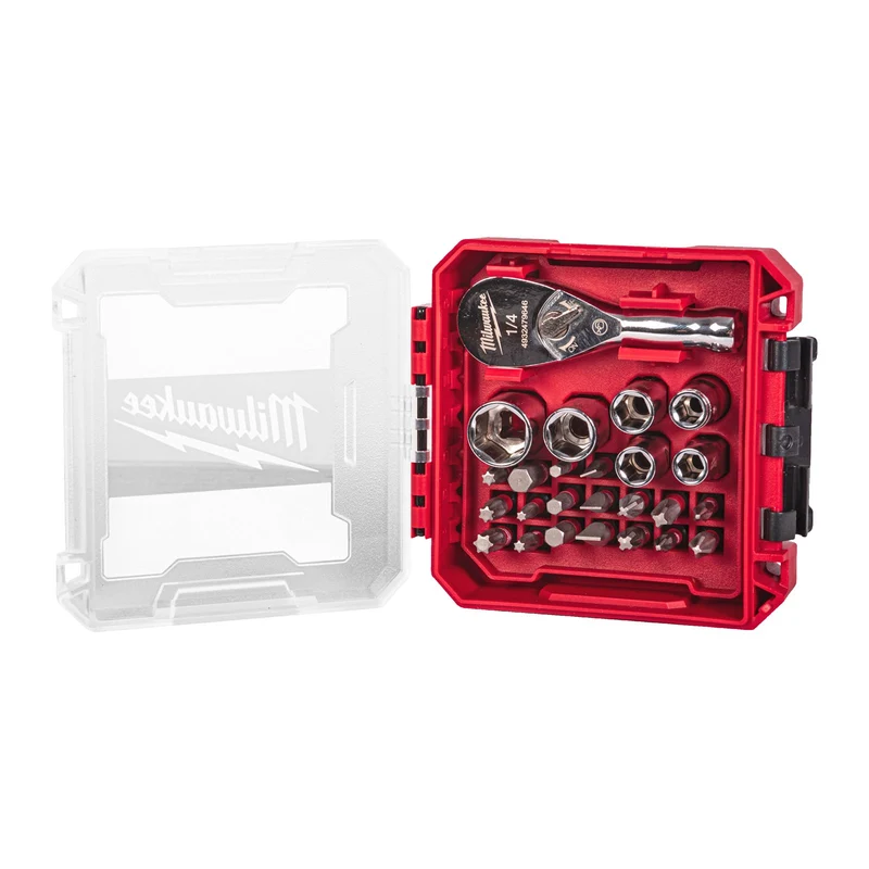 Milwaukee 1/4" Kompakt-Ratschen-Set 25-tlg. (inkl. Shockwave Bits PH / PZ / TX / SL / HEX, Bit-Adapter, Steckschlüsseleinsätze, Packout Kassette)