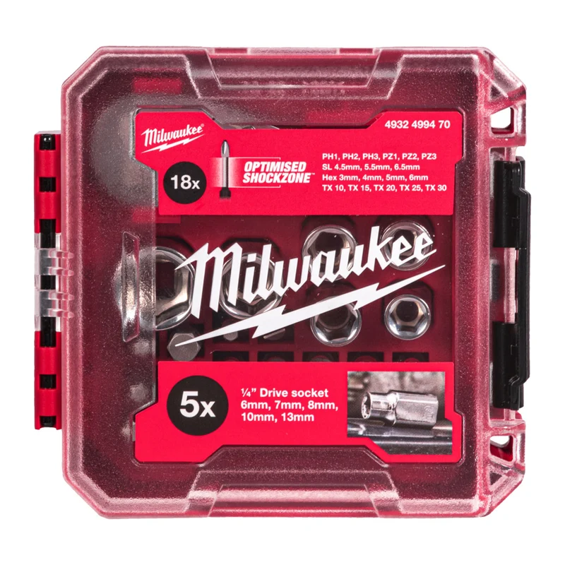 Milwaukee 1/4" Kompakt-Ratschen-Set 25-tlg. (inkl. Shockwave Bits PH / PZ / TX / SL / HEX, Bit-Adapter, Steckschlüsseleinsätze, Packout Kassette)