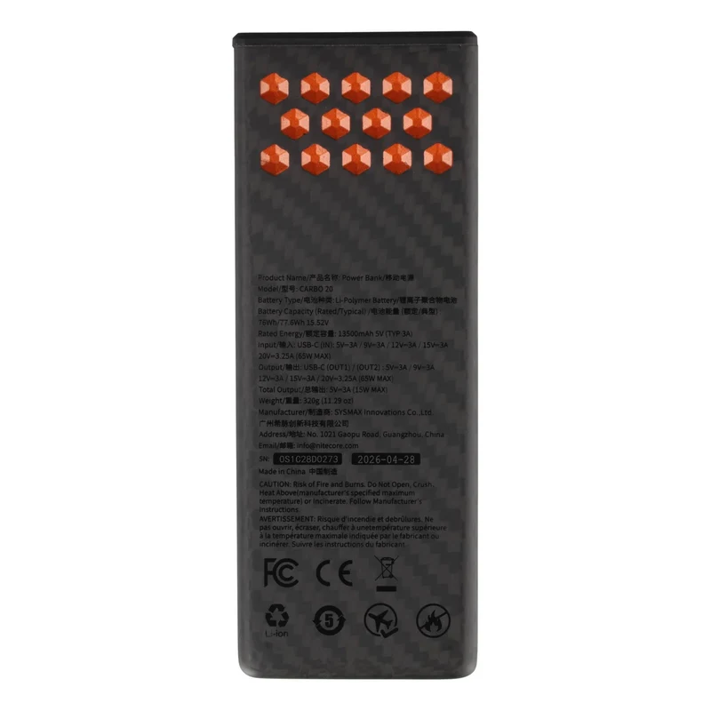 Nitecore Powerbank CARBO20, Kapazität 20.000mAh, professionelle Outdoor Powerbank, max. 65 Watt, Kohlefasergehäuse