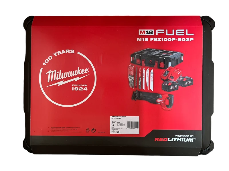 Milwaukee M18 FSZ100P-502P 100 Jahre Jubiläumsset Akku-Säbelsäge M18 FSZ + Akku und Lader + Säbelsägeblätter in Packout Box