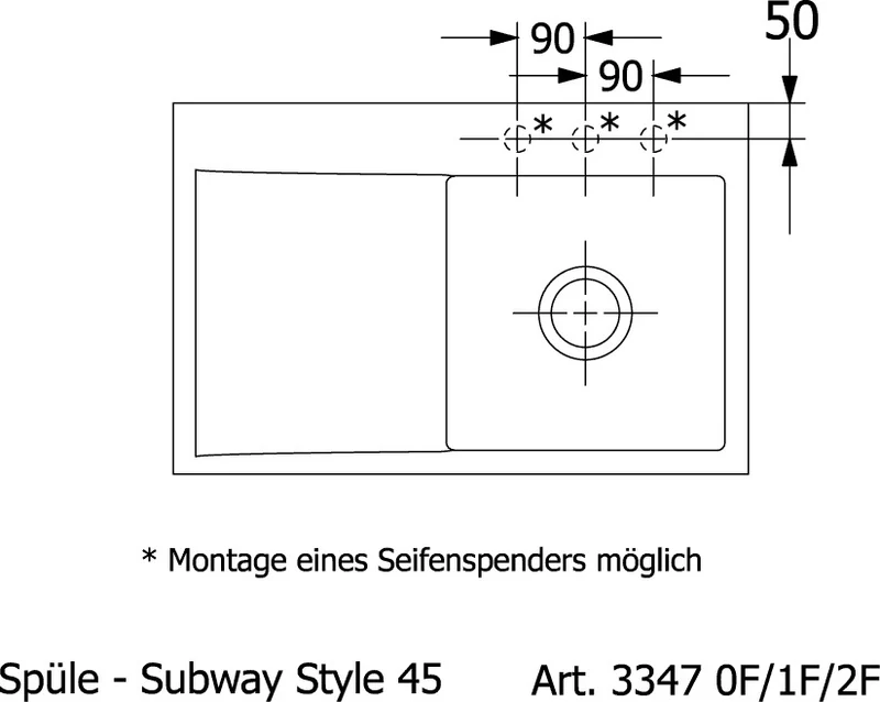 Villeroy & Boch Subway Style 45 Flat Einbauspüle 780x510 mm Ebony CeramicPlus, Becken rechts