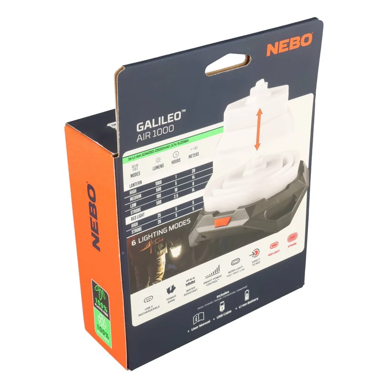 Nebo GALILEO™ AIR 1000, Lithium-Polymer (Li-Po) Akku, Typ 104050 mit 3,7 V und 2500 mAh, 1000 Lumen, Reichweite 20 Meter, Schwarz