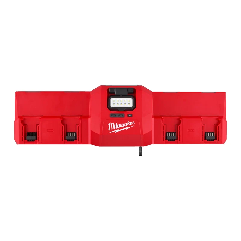 Milwaukee M12-18 GBC4 Mehrfach-Ladegerät (lädt M12 & M18 Akkus, magnetische Aufhängung, 2 x USB-C, 450 lm Leuchte)