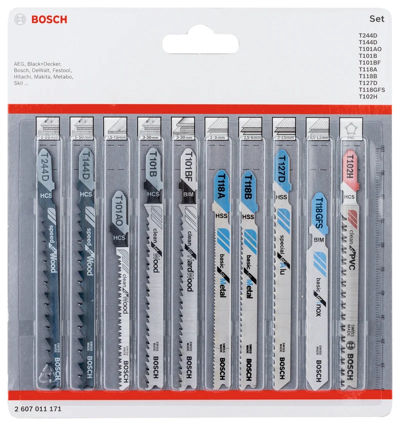 Bosch Stichsägeblatt-Set für Holz, Metall, PVC (10-tlg., All in One, für zuverlässige Schnitte in verschiedene Materialien, T-Schaft)