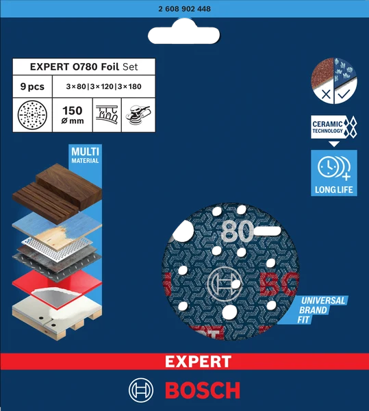 Bosch EXPERT Folienschleifscheiben Set O780 Ø 150 mm (9er-Pack, K80/K120/K180 für das effiziente Schleifen verschiedenster Materialien)