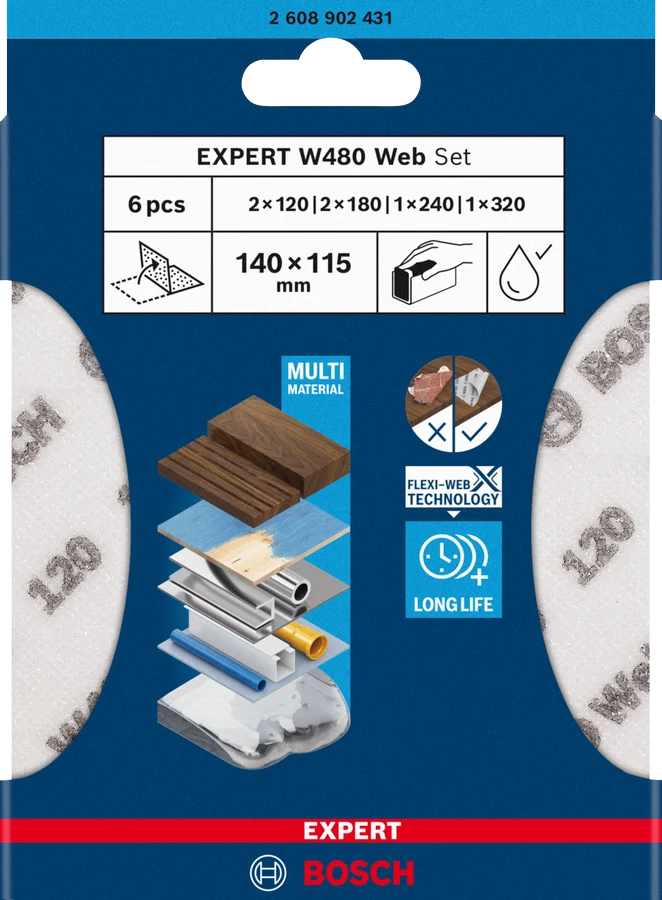 Bosch EXPERT Handschleifblatt Set W480 Web 1/4 (6er-Pack, 115 x 140 mm, Effizientes Schleifen verschiedenster Materialien, Flexi-Web-Technologie)