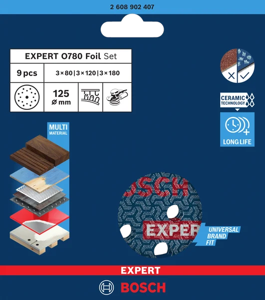 Bosch EXPERT Folienschleifscheiben Set O780 Ø 125 mm (9er-Pack, K80/K120/K180 für das effiziente Schleifen verschiedenster Materialien)
