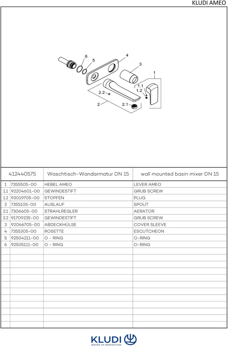 KLUDI AMEO Waschtisch-Einhandmischer 2-Loch Wandmontage Ausladung 185 mm Chrom