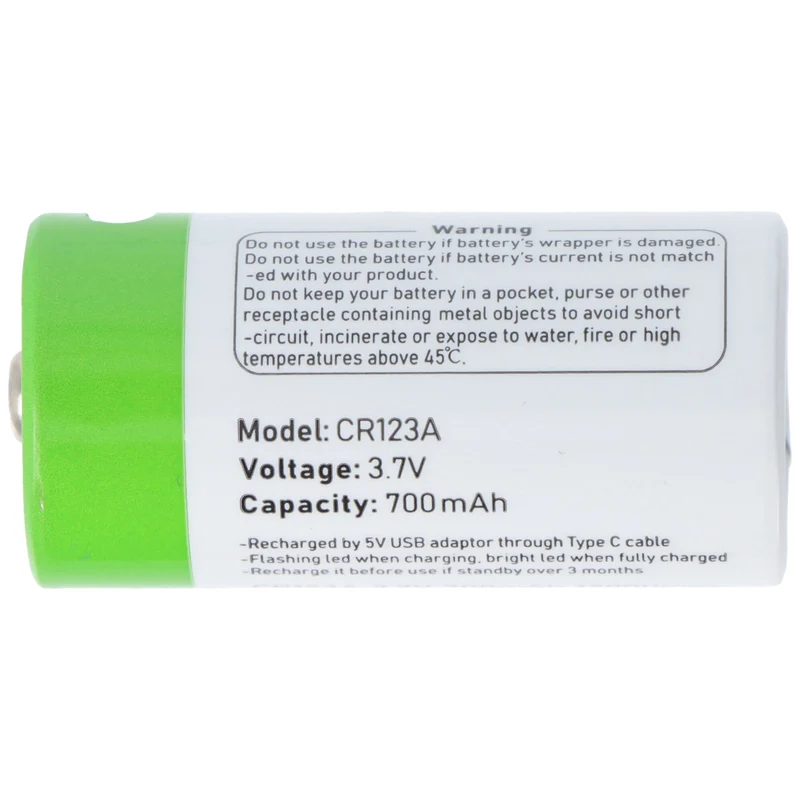 AccuCell Rundzelle 16340, CR123, Li-ion, 3,7V, 700mAh, 2,6Wh, mit USB-C Charging Port, 33,9x16,1mm