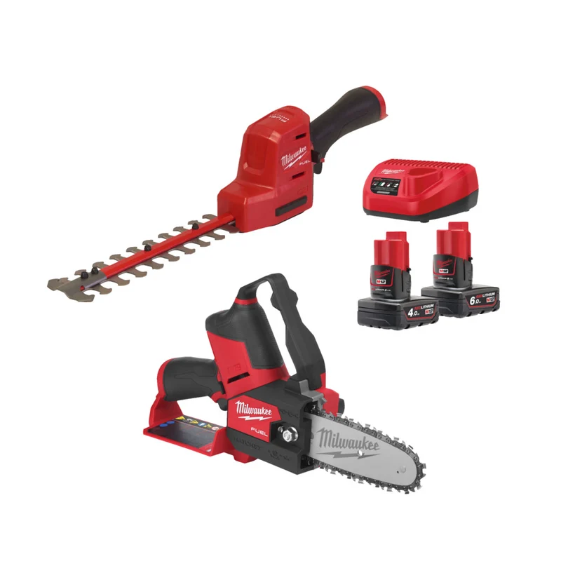 Milwaukee M12 FPP2OP2-642 Kettensägen-Heckenscheren Set mit Akku und Lader im Karton